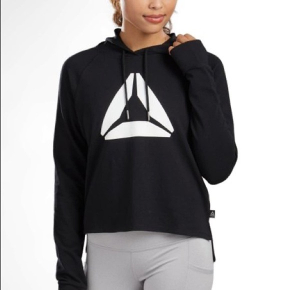 Reebok Metro Popover Cropped Hoodie Pullover Sweatshirt Black White Size XS - Picture 1 of 8